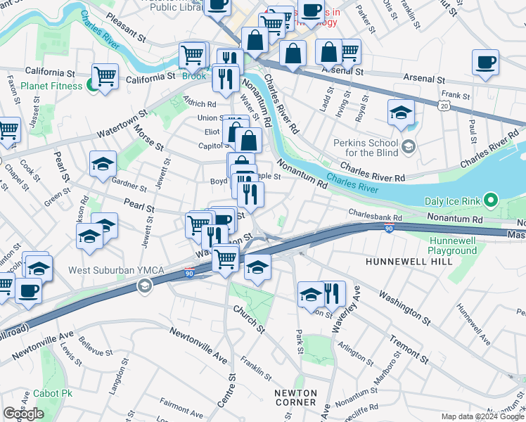 map of restaurants, bars, coffee shops, grocery stores, and more near 58 Jefferson Street in Newton