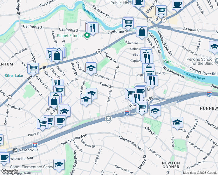 map of restaurants, bars, coffee shops, grocery stores, and more near 134 Pearl Street in Newton