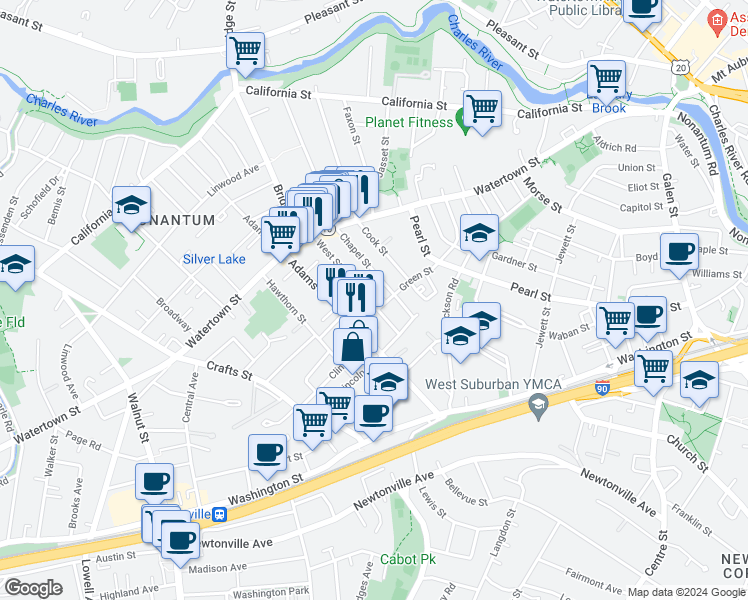 map of restaurants, bars, coffee shops, grocery stores, and more near 79 West Street in Newton