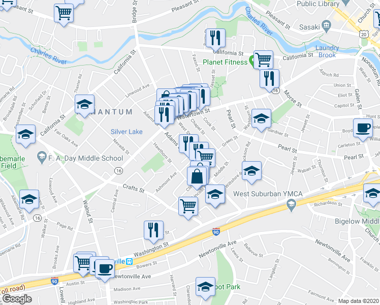 map of restaurants, bars, coffee shops, grocery stores, and more near 7 Quirk Court in Newton