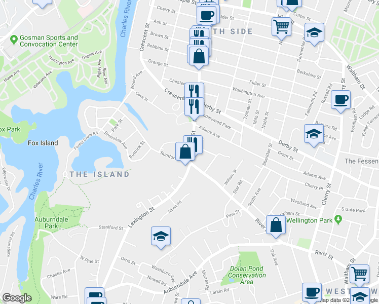 map of restaurants, bars, coffee shops, grocery stores, and more near in Newton