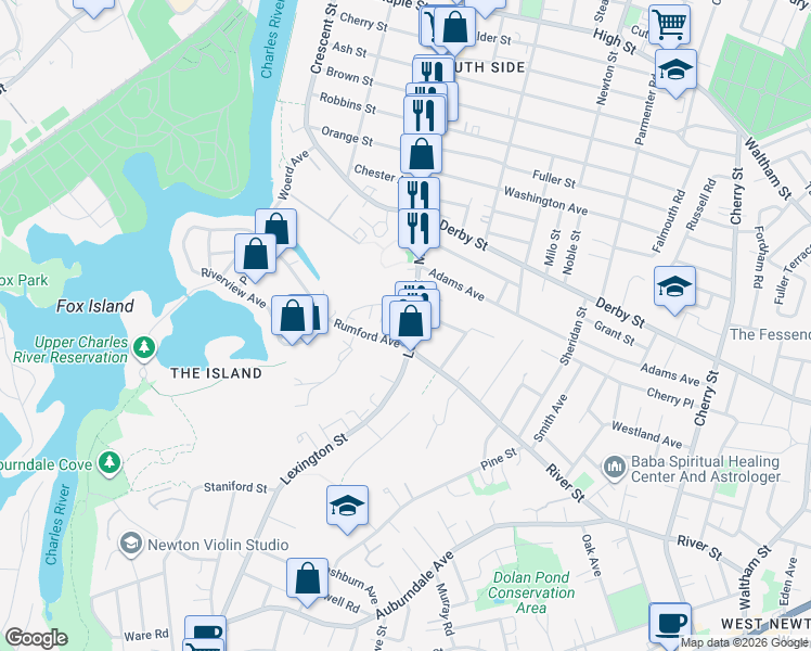 map of restaurants, bars, coffee shops, grocery stores, and more near in Newton