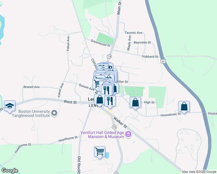 map of restaurants, bars, coffee shops, grocery stores, and more near 66 Church Street in Lenox