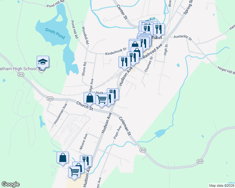 map of restaurants, bars, coffee shops, grocery stores, and more near 91 Hudson Ave in Chatham
