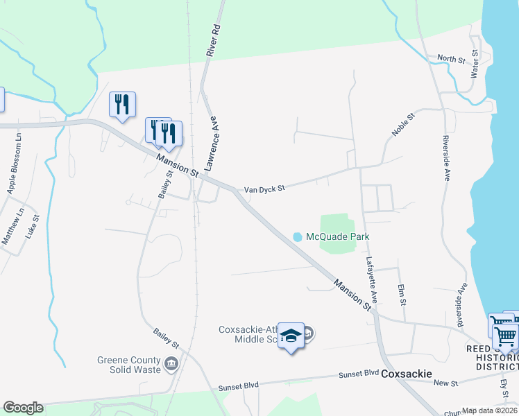 map of restaurants, bars, coffee shops, grocery stores, and more near 169 Mansion Street in Coxsackie