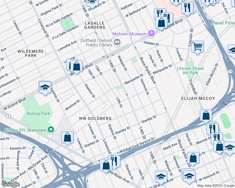 map of restaurants, bars, coffee shops, grocery stores, and more near 6043 14th Street in Detroit