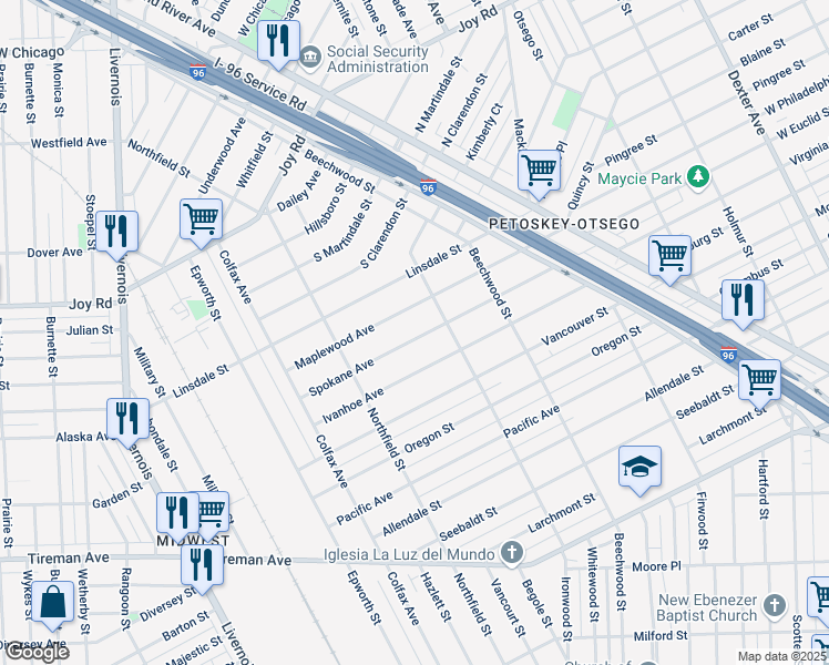 map of restaurants, bars, coffee shops, grocery stores, and more near 5256 Spokane Avenue in Detroit