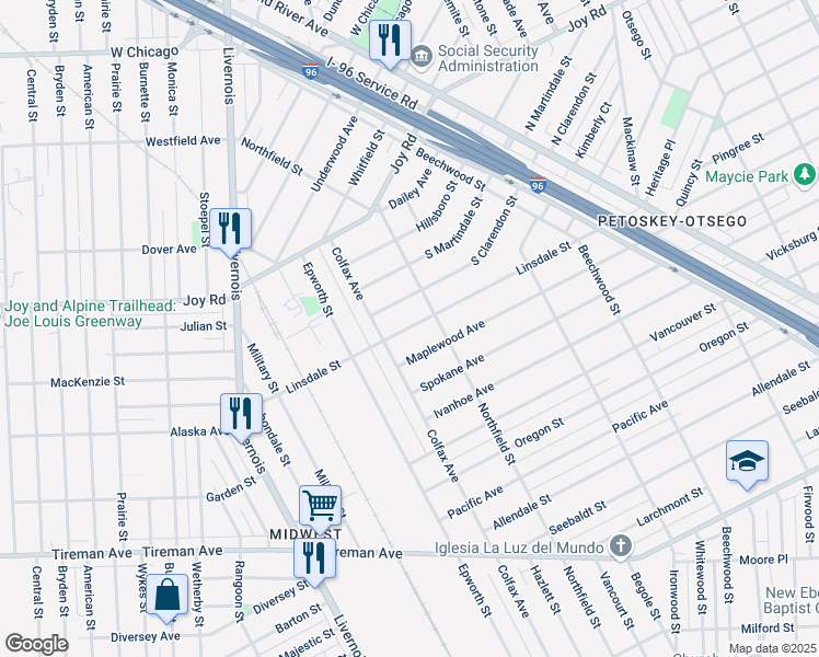 map of restaurants, bars, coffee shops, grocery stores, and more near 5551 Linsdale Street in Detroit
