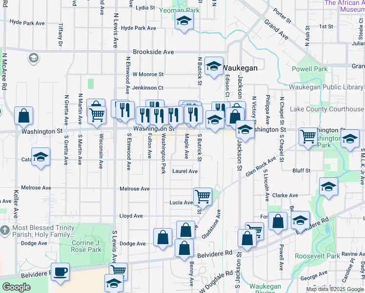 map of restaurants, bars, coffee shops, grocery stores, and more near 38 Worack Place in Waukegan