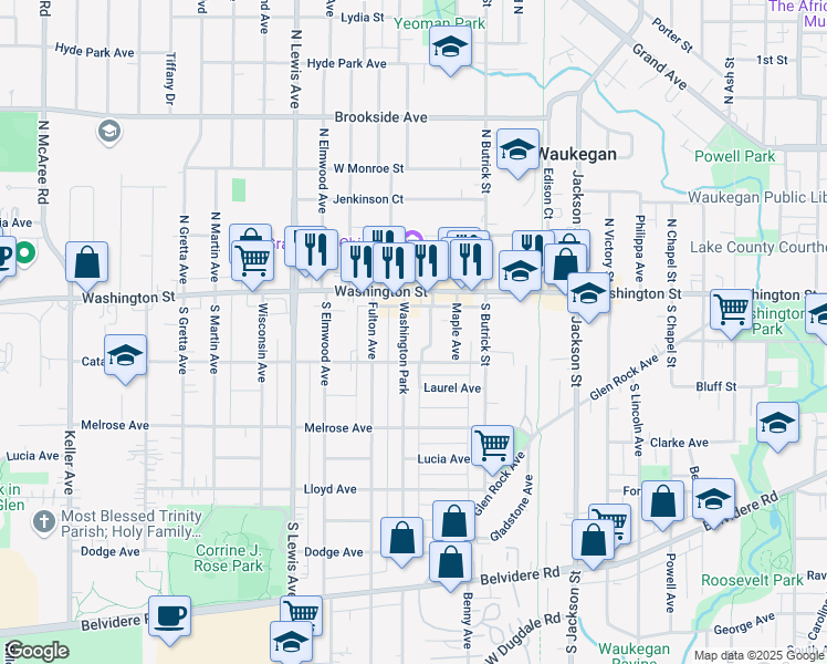 map of restaurants, bars, coffee shops, grocery stores, and more near 38 Worack Place in Waukegan