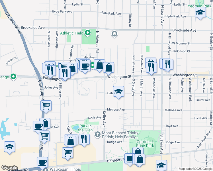 map of restaurants, bars, coffee shops, grocery stores, and more near 25 Keller Avenue in Waukegan