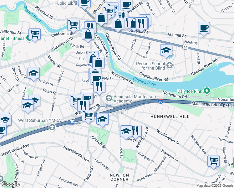 map of restaurants, bars, coffee shops, grocery stores, and more near 8 Nonantum Place in Newton