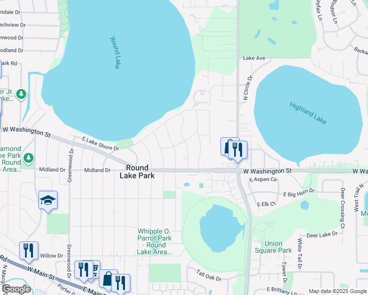 map of restaurants, bars, coffee shops, grocery stores, and more near 524 Arbor Drive in Round Lake Park