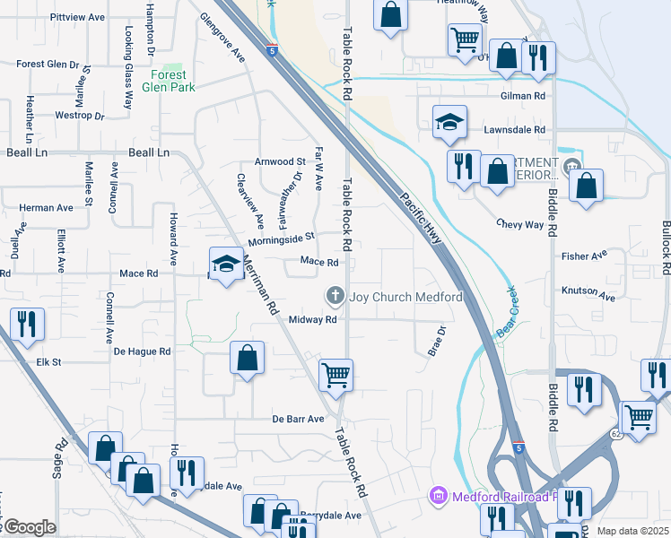 map of restaurants, bars, coffee shops, grocery stores, and more near 2873 Table Rock Road in Medford