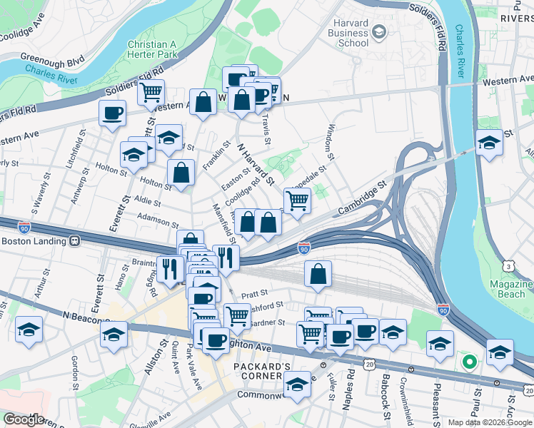 map of restaurants, bars, coffee shops, grocery stores, and more near 40 Hooker Street in Boston