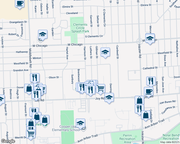 map of restaurants, bars, coffee shops, grocery stores, and more near 9165 Lathers Street in Livonia