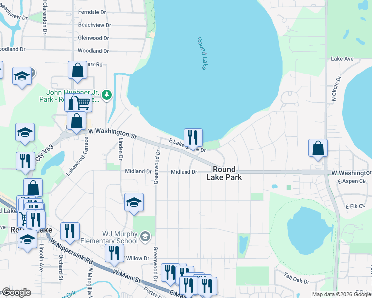 map of restaurants, bars, coffee shops, grocery stores, and more near 101 East Lake Shore Drive in Round Lake Park