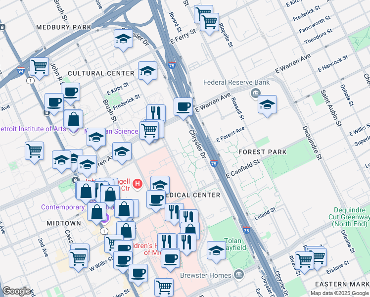 map of restaurants, bars, coffee shops, grocery stores, and more near 4690 Saint Antoine in Detroit