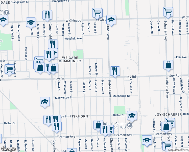 map of restaurants, bars, coffee shops, grocery stores, and more near 14810 Joy Road in Detroit