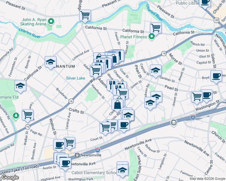 map of restaurants, bars, coffee shops, grocery stores, and more near 7 Quirk Court in Newton