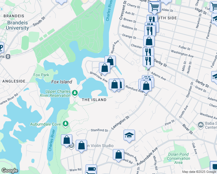 map of restaurants, bars, coffee shops, grocery stores, and more near 195 Riverview Avenue in Waltham