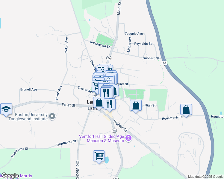 map of restaurants, bars, coffee shops, grocery stores, and more near 66 Church Street in Lenox