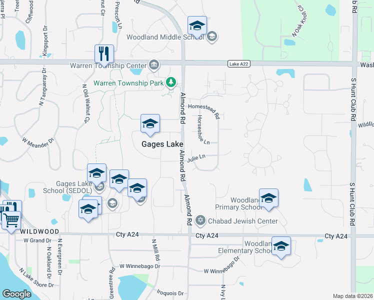 map of restaurants, bars, coffee shops, grocery stores, and more near 34124 Homestead Court in Gurnee