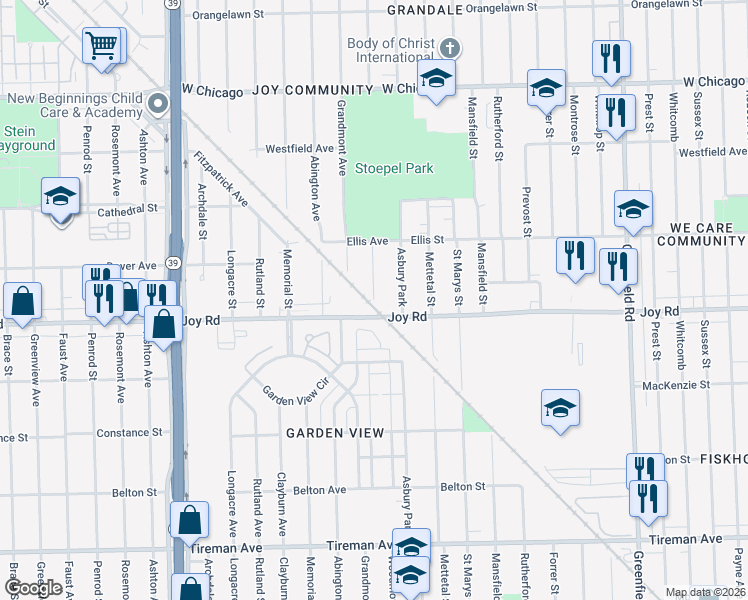 map of restaurants, bars, coffee shops, grocery stores, and more near Woodmont Avenue in Detroit