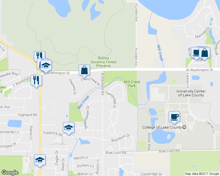map of restaurants, bars, coffee shops, grocery stores, and more near 1101 Manchester Circle in Grayslake