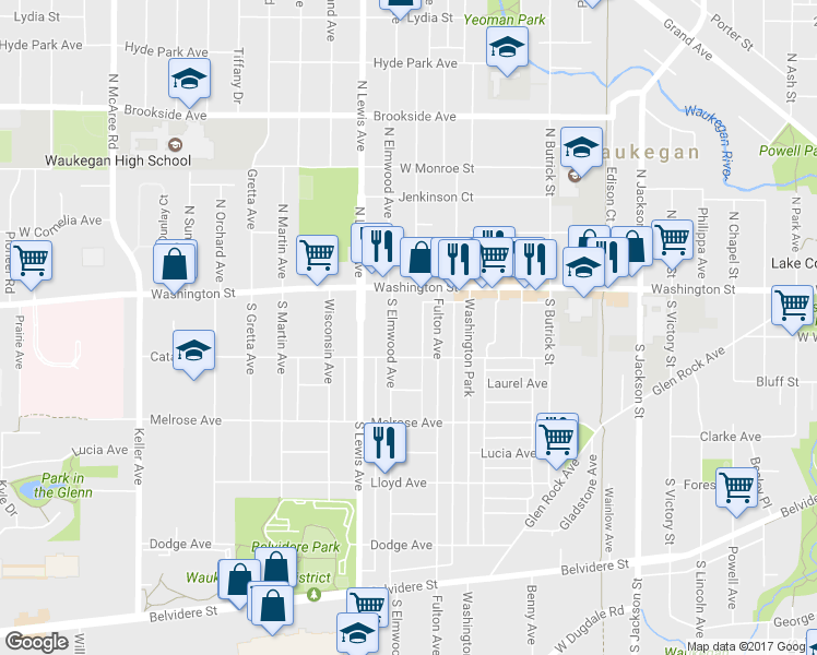 map of restaurants, bars, coffee shops, grocery stores, and more near 31 South Elmwood Avenue in Waukegan
