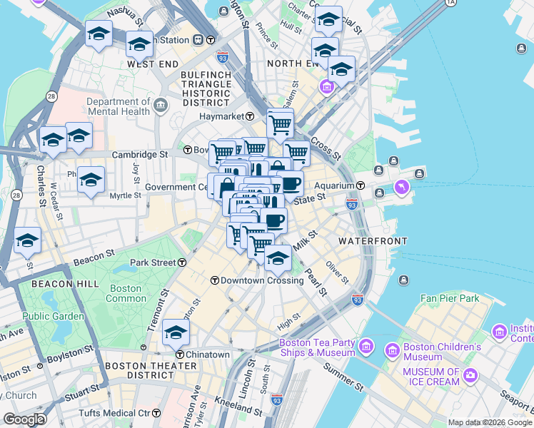 map of restaurants, bars, coffee shops, grocery stores, and more near 200 Washington Street in Boston