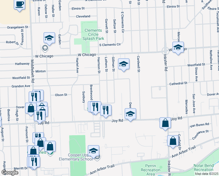 map of restaurants, bars, coffee shops, grocery stores, and more near 9165 Lathers Street in Livonia