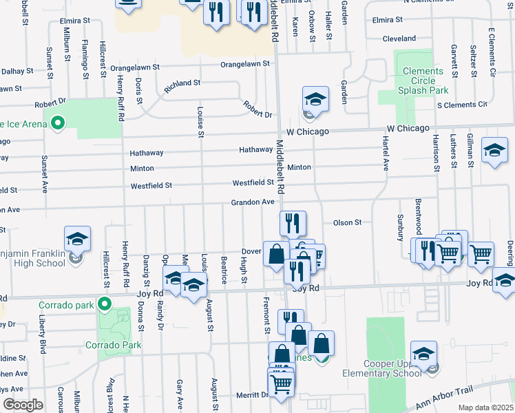 map of restaurants, bars, coffee shops, grocery stores, and more near 29511 Grandon in Livonia
