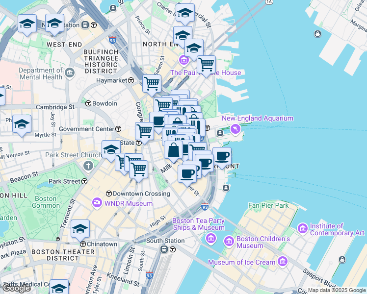 map of restaurants, bars, coffee shops, grocery stores, and more near 40 Broad Street in Boston