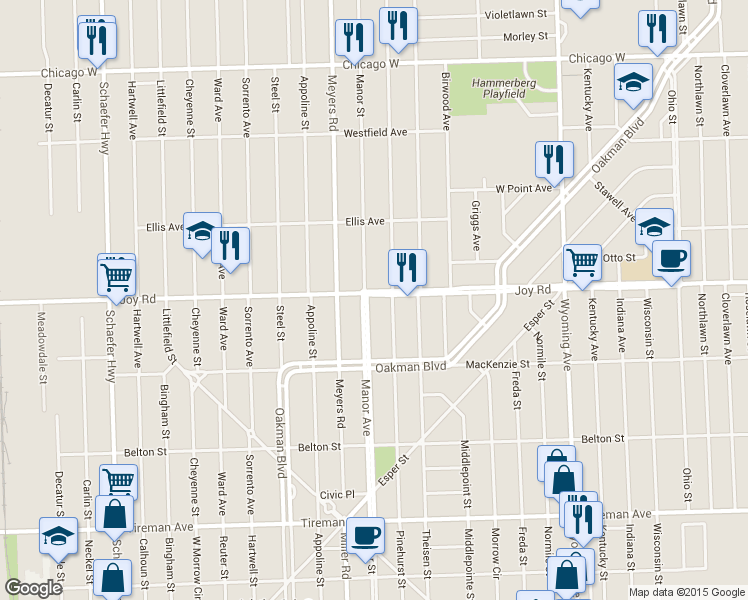 map of restaurants, bars, coffee shops, grocery stores, and more near 10641 Joy Road in Detroit