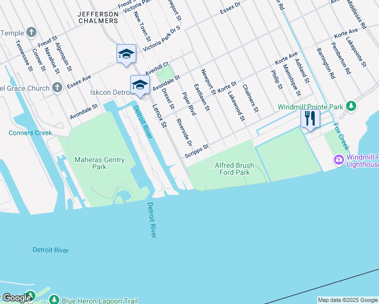 map of restaurants, bars, coffee shops, grocery stores, and more near 203 Riverside Drive in Detroit