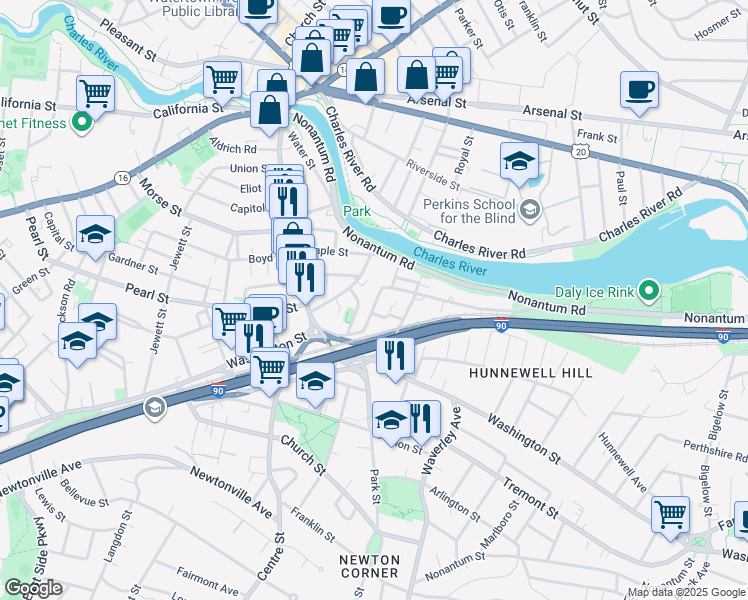 map of restaurants, bars, coffee shops, grocery stores, and more near 131 Charlesbank Road in Newton