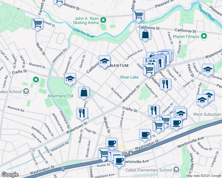 map of restaurants, bars, coffee shops, grocery stores, and more near 50 Broadway in Newton