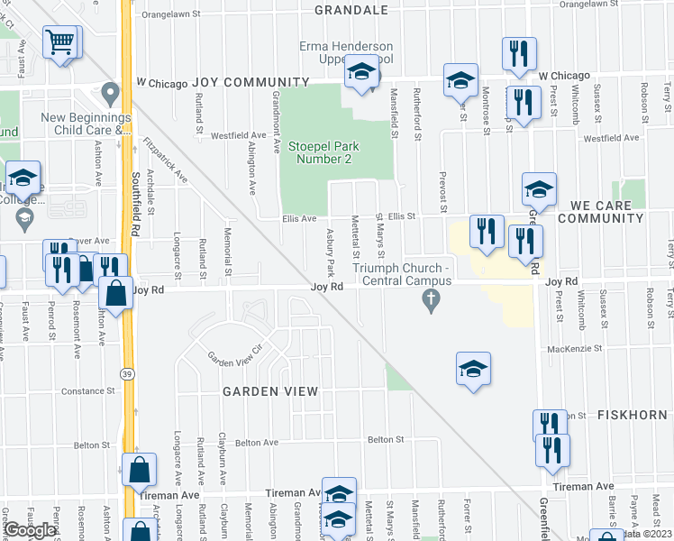 map of restaurants, bars, coffee shops, grocery stores, and more near 8830 Asbury Park in Detroit
