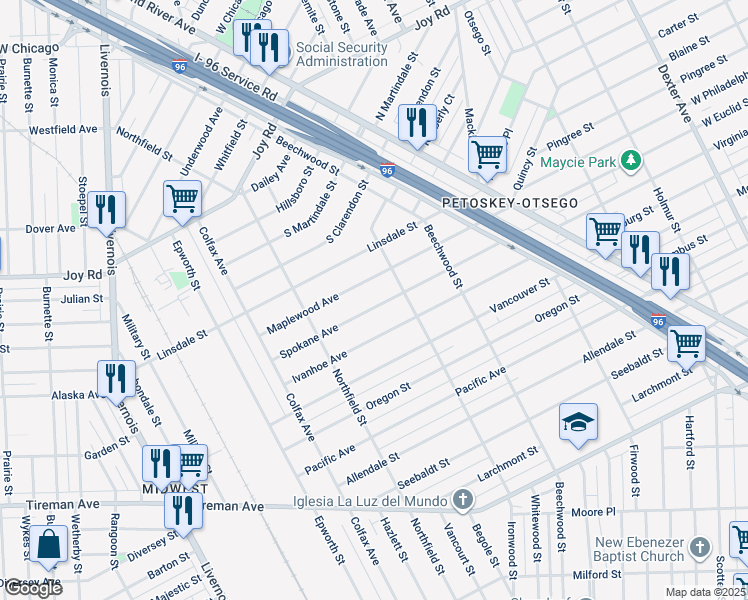 map of restaurants, bars, coffee shops, grocery stores, and more near 5256 Spokane Avenue in Detroit