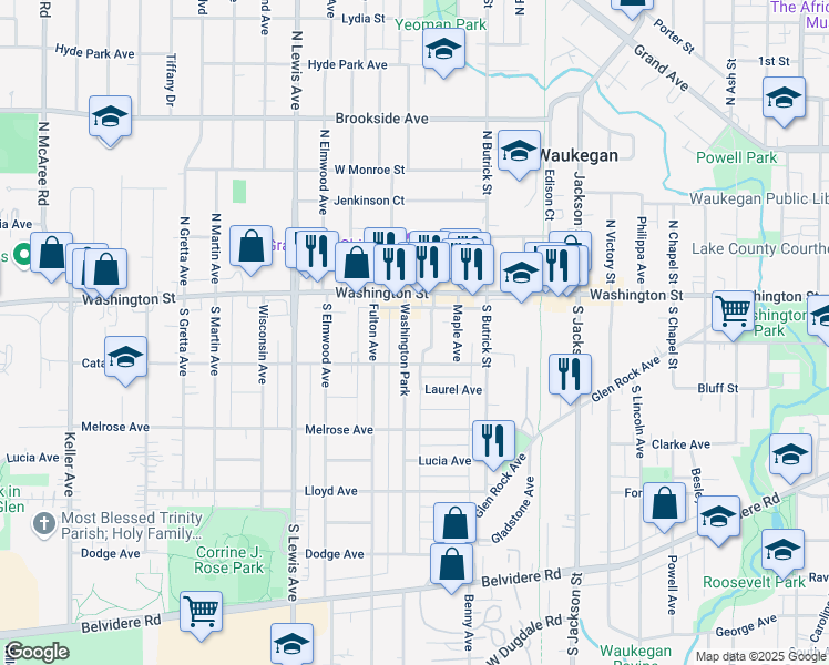 map of restaurants, bars, coffee shops, grocery stores, and more near 38 Worack Place in Waukegan