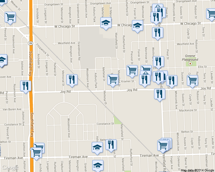 map of restaurants, bars, coffee shops, grocery stores, and more near 8828 Mettetal Street in Detroit