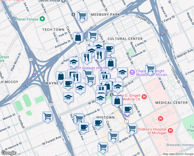 map of restaurants, bars, coffee shops, grocery stores, and more near 5201 Woodward Avenue in Detroit