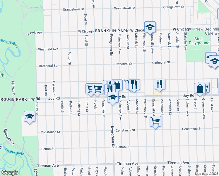 map of restaurants, bars, coffee shops, grocery stores, and more near 8865 Evergreen Road in Detroit