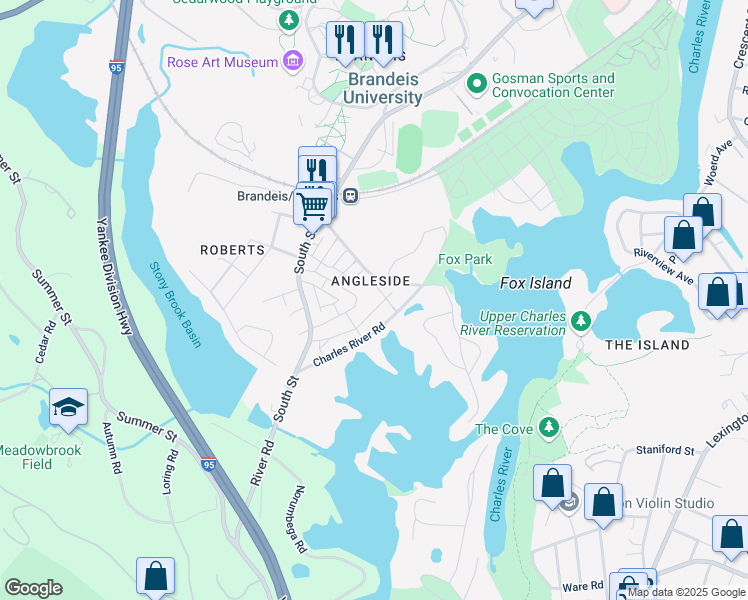 map of restaurants, bars, coffee shops, grocery stores, and more near 66 Charlesbank Way in Waltham