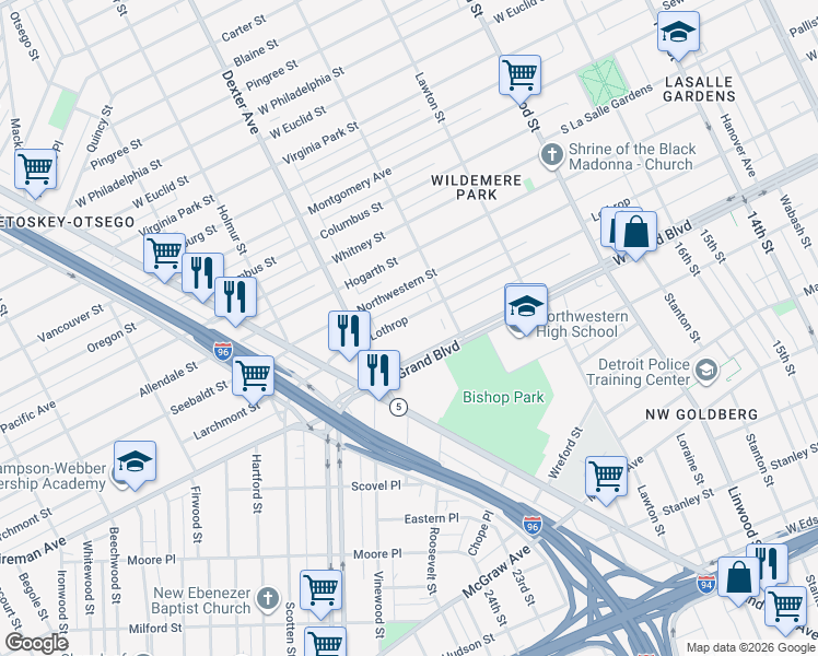 map of restaurants, bars, coffee shops, grocery stores, and more near 3293 Lothrop in Detroit