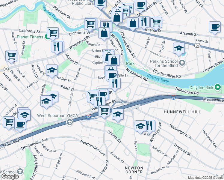 map of restaurants, bars, coffee shops, grocery stores, and more near 261 Centre Street in Newton