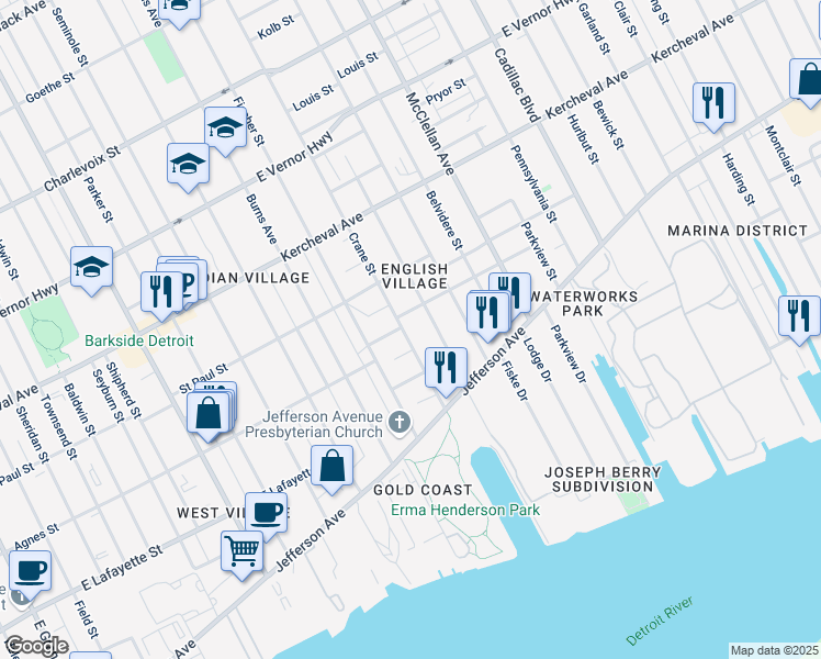 map of restaurants, bars, coffee shops, grocery stores, and more near 1330 Crane Street in Detroit