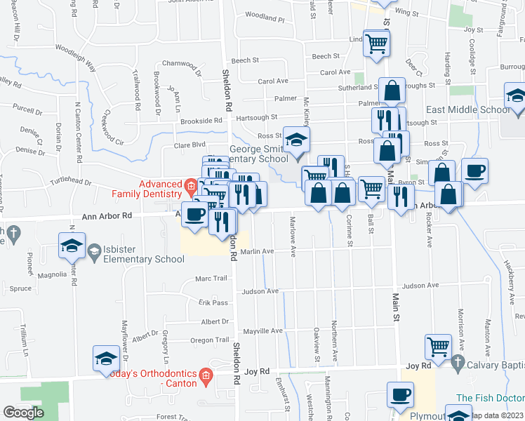 map of restaurants, bars, coffee shops, grocery stores, and more near 1450 West Ann Arbor Road in Plymouth