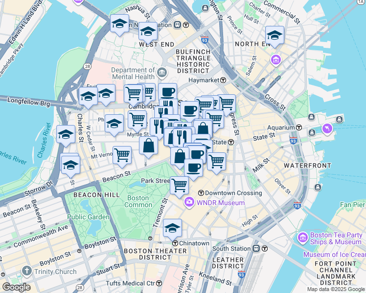map of restaurants, bars, coffee shops, grocery stores, and more near 142-144 Bowdoin Street in Boston